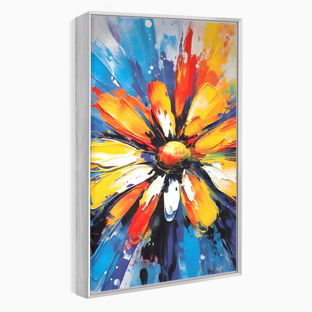 Tablou canvas cu pictura abstracta cu floare colorata, in rama de aluminiu argintiu